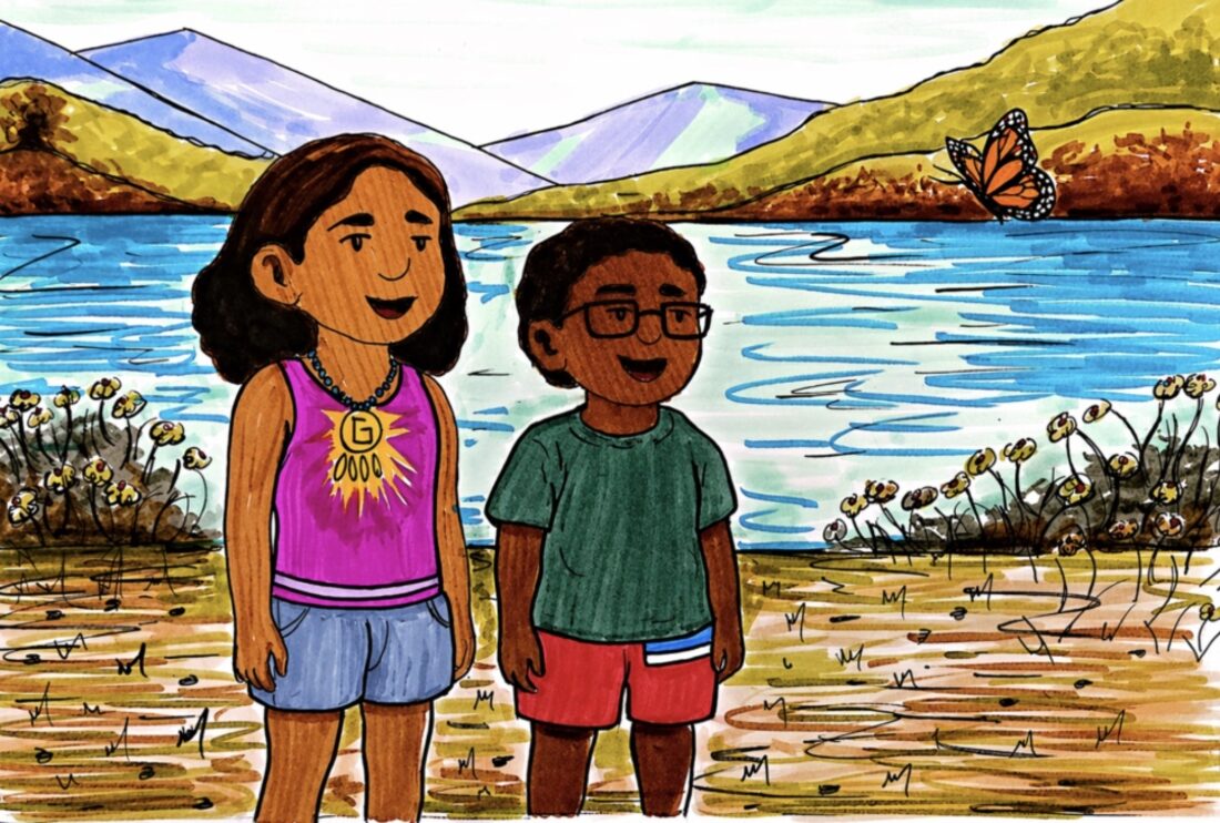 Luna and Leo standing by a lake with a monarch butterfly nearby